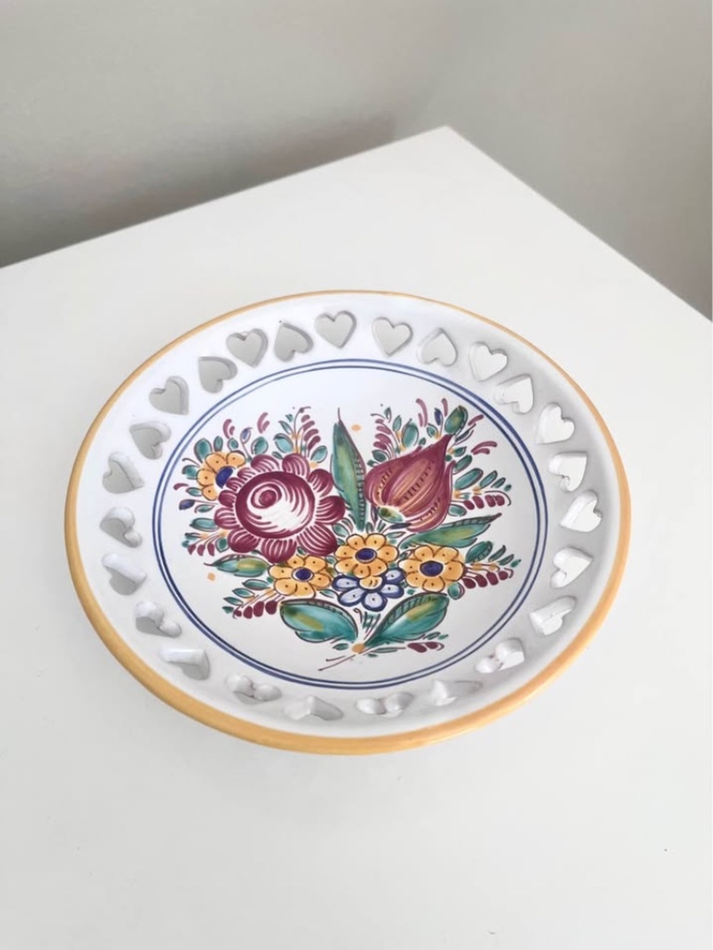 Vintage Handpainted Bohemian Style Ceramic Colourful Plate with Heart Cutouts